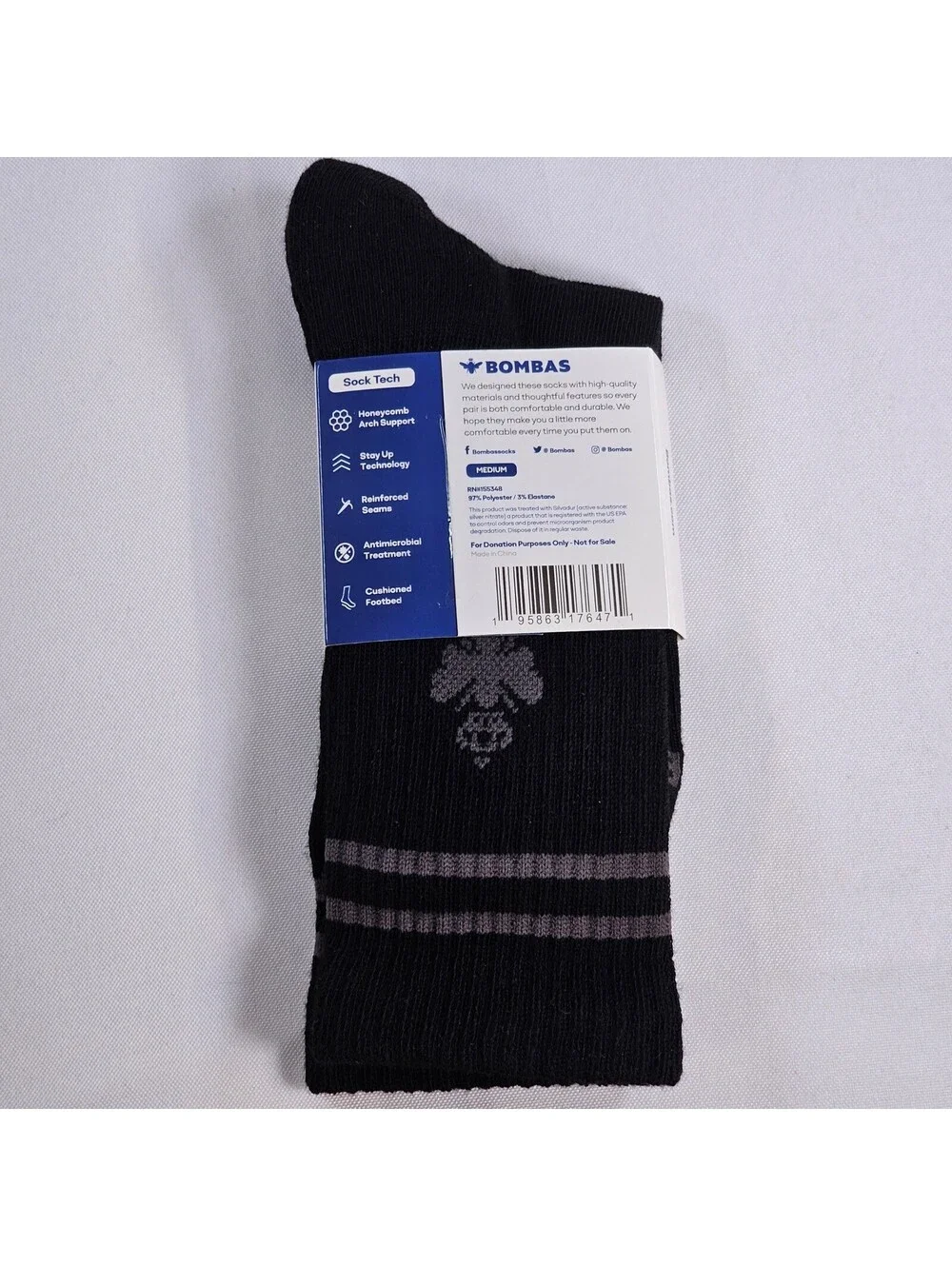 Bombas Black Grey Stripe Cushioned Crew Socks Medium Honeycomb Arch Support New